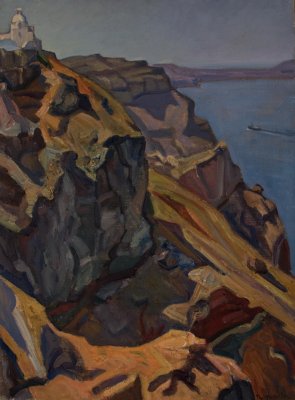Santorini, Cliff with Agios Minas — Oil painting, Canvas, 60.00×81.00cm — Theodoros Markellos
